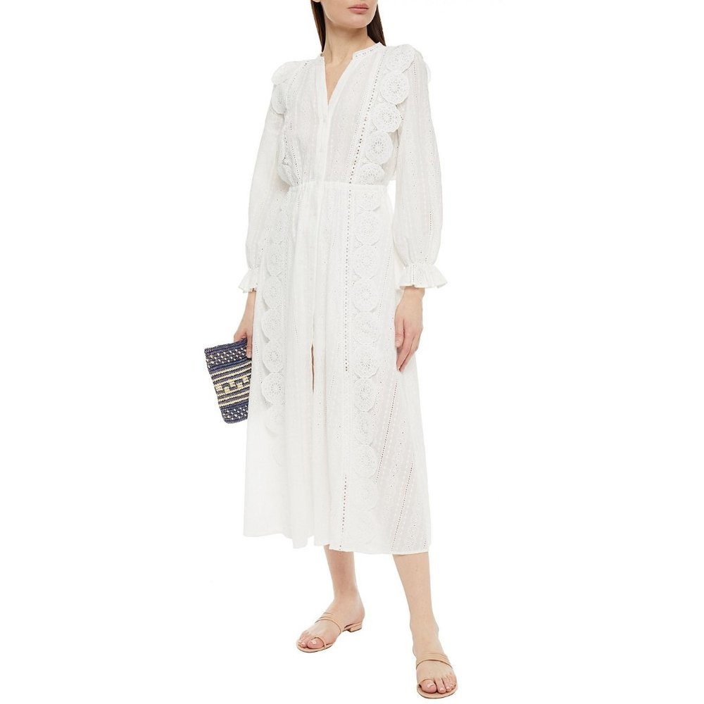 $400 Maje Cotton Midi Dress with Broderie Anglaise White Size 36/ US 4 - Picture 7 of 13